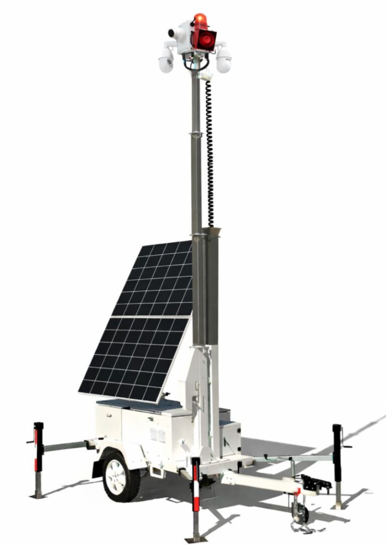 Solar-powered mobile surveillance trailer with high-definition PTZ cameras and emergency beacon by Green Knight Security, providing remote jobsite security in California.